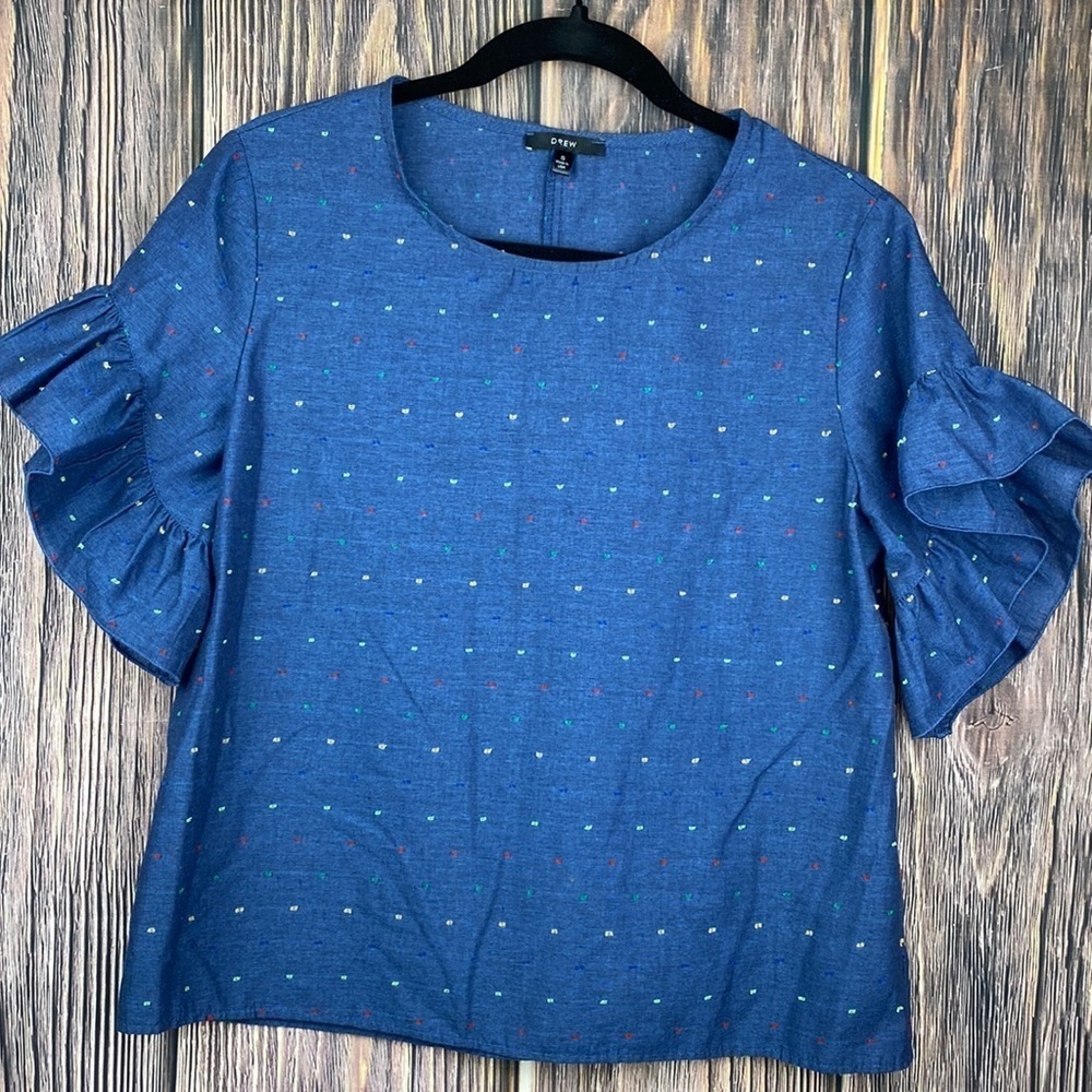 Drew Cotton Blend Blue Blouse With Ruffled Sleeves & Embroidered Dots- Sz Small